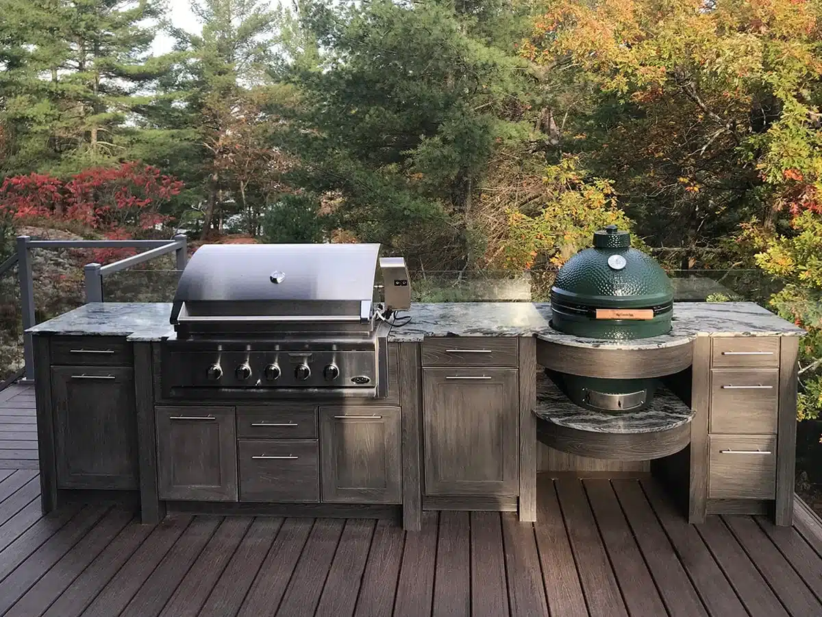 Bowed Big Green Egg Cabinet with grill on deck