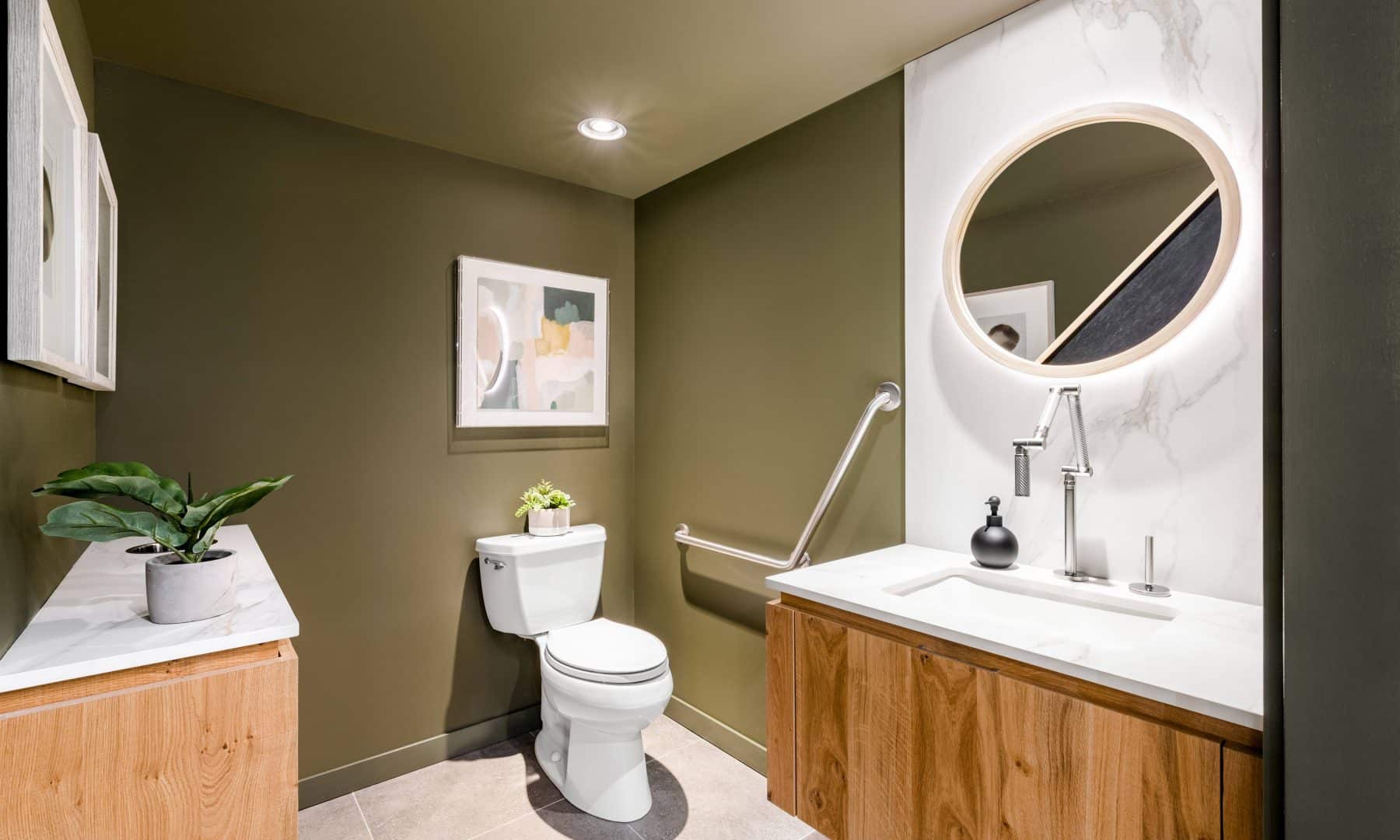 Wooden cabinets in bathroom