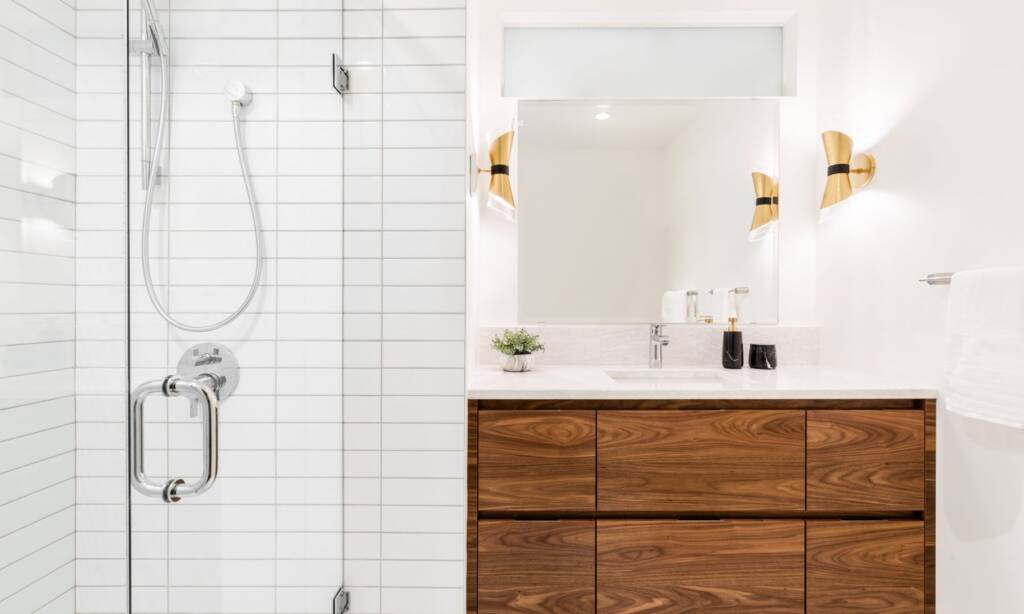 Wooden cabinets in bathroom