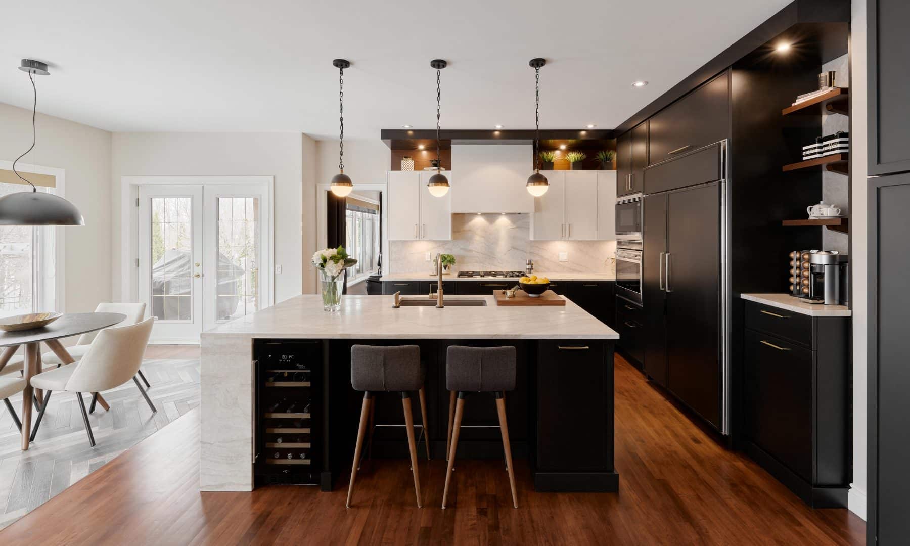 Dark wood cabinets in kitchen