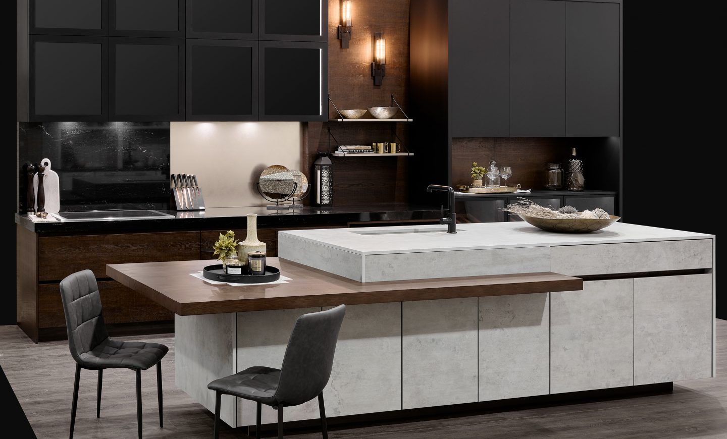 Dark wood cabinets in kitchen